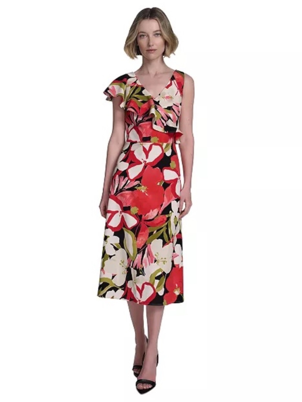 NWT Halston Printed Asymmetric Ruffled Midi Dress - size 6